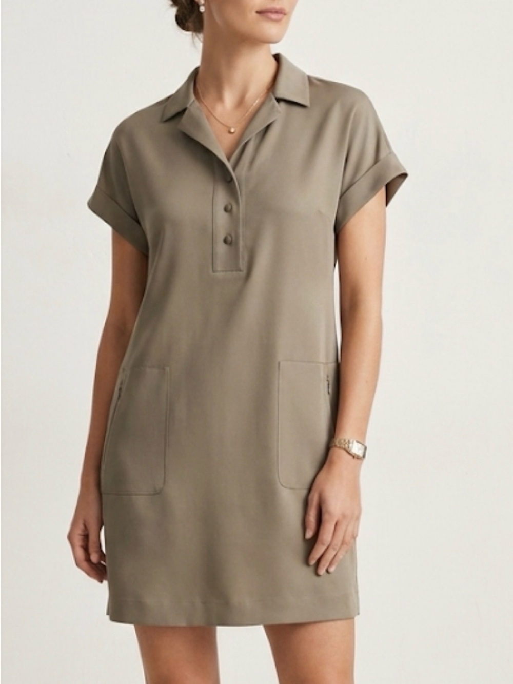 Soft Surroundings Olive Taupe Collared Shift Dress Small Short‎ Sleeve Pockets